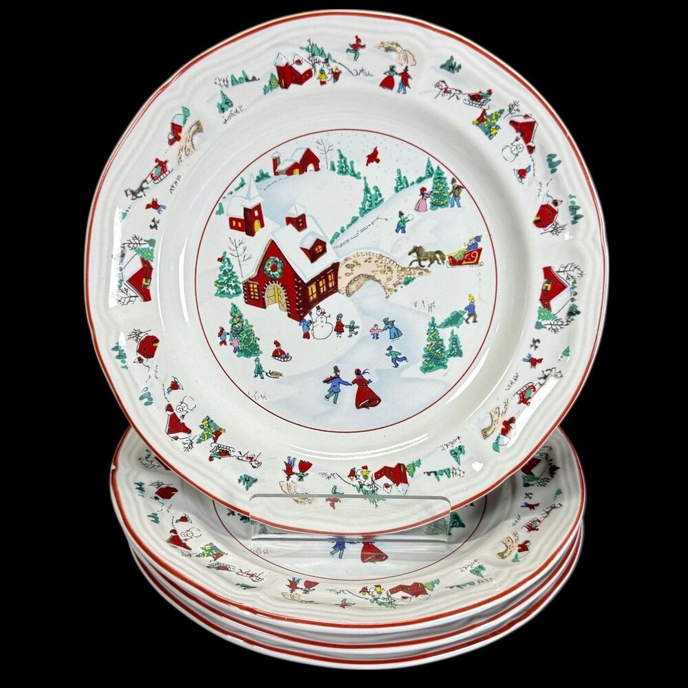 Set of 4 Farberware White Christmas Salad or Dessert Plates 1995 B